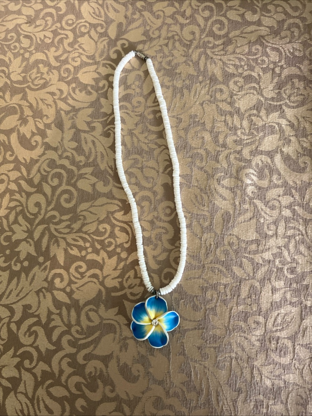 Puka Shell Necklace Fimo Plumeria Flower - 18", Seashell - Hawaiian, Blue White